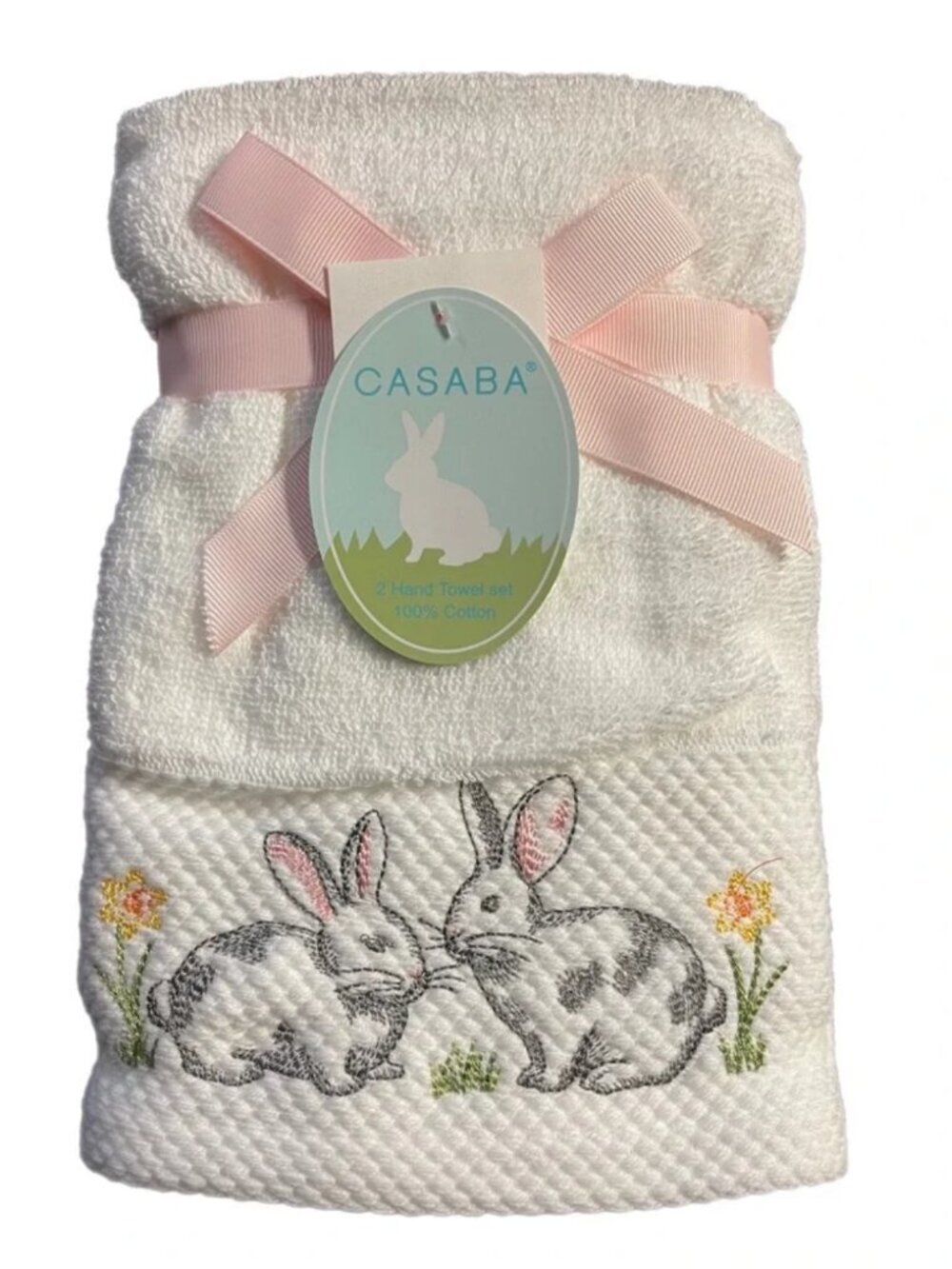 CASABA Bunny Floral Embroidered Cotton Hand Towels Set of 2 NWT